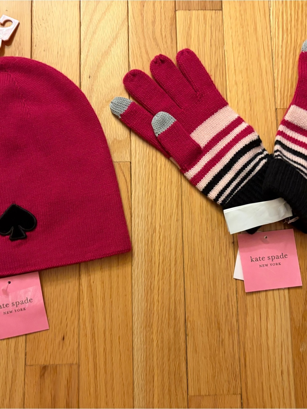 kate spade Hot Pink Beanie with Striped Touchscreen Gloves
